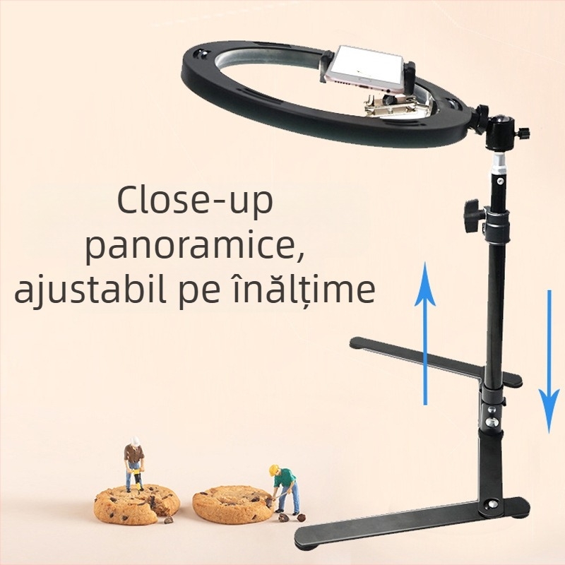 Suport deasupra pentru telefon mobil cu iluminare pentru streaming live — cadru metalic, sarcină 2–5 kg, înălțime 44 cm, diametru 22 mm, greutate 0,5 kg