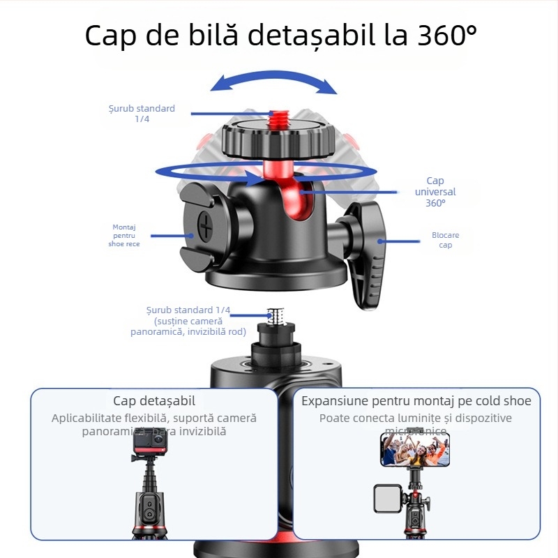 Three Eight C03: Trepied caracatiță pentru telefon și GoPro cu telecomandă Bluetooth – Plastic