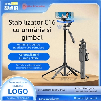 Stabilizator de mână C16 — Gimbal panoramic 360°, urmărire facială, suport pentru telefon; ABS + aliaj de aluminiu, Bluetooth, telecomandă inclusă