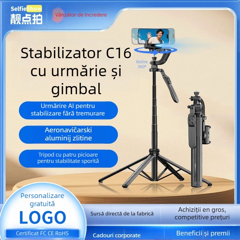 Stabilizator de mână C16 — Gimbal panoramic 360°, urmărire facială, suport pentru telefon; ABS + aliaj de aluminiu, Bluetooth, telecomandă inclusă