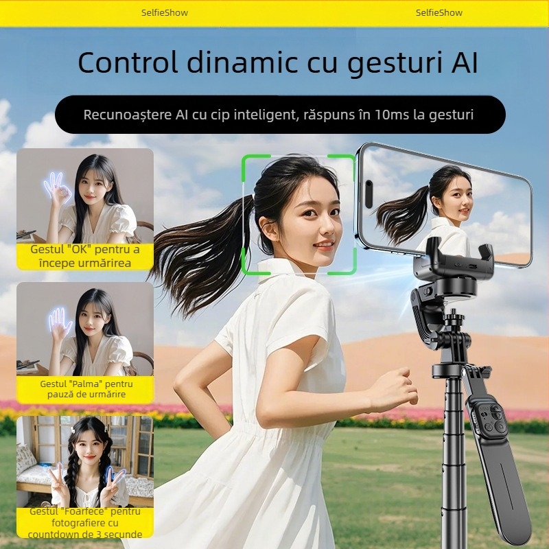 Stabilizator de mână C16 — Gimbal panoramic 360°, urmărire facială, suport pentru telefon; ABS + aliaj de aluminiu, Bluetooth, telecomandă inclusă