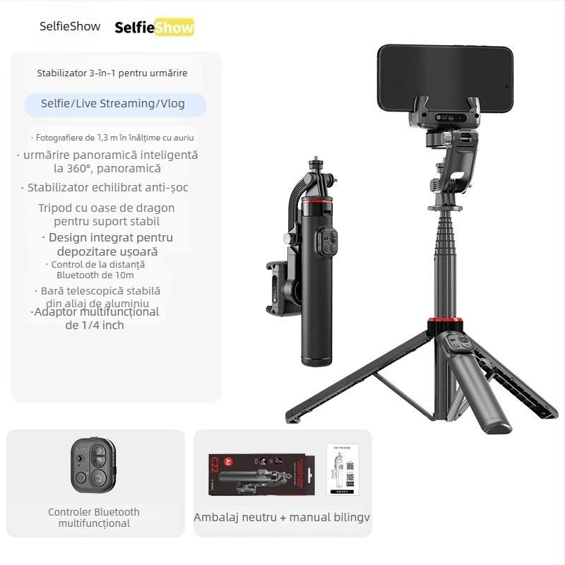 Stabilizator de mână C16 — Gimbal panoramic 360°, urmărire facială, suport pentru telefon; ABS + aliaj de aluminiu, Bluetooth, telecomandă inclusă