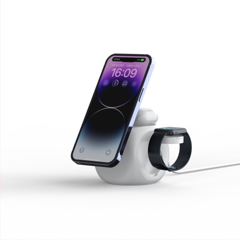 Încărcător wireless magnetic 3 în 1 pentru Apple AirPods, Apple Watch și iPhone (15W, AFC, PC ignifug, 2A)