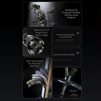 Selfie stick cu trepied din aliaj, Bluetooth cu telecomandă – suport portabil pentru telefon pentru live streaming
