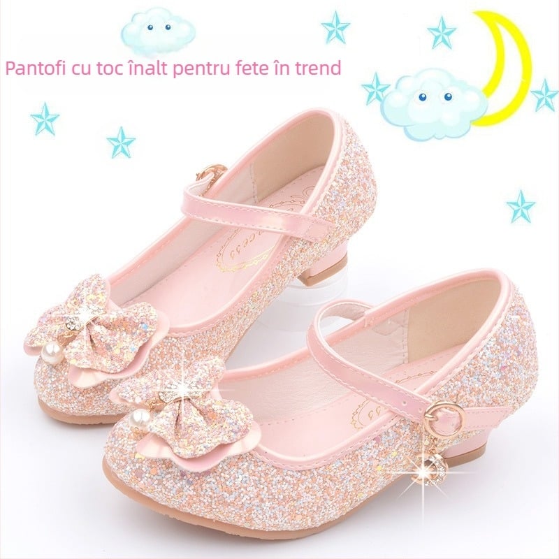 Pantofi copii prințesă în stil coreean cu paiete, închidere cu cataramă; partea superioară din microfibră, talpă PU, toc mic, respirabili, anti-derapare