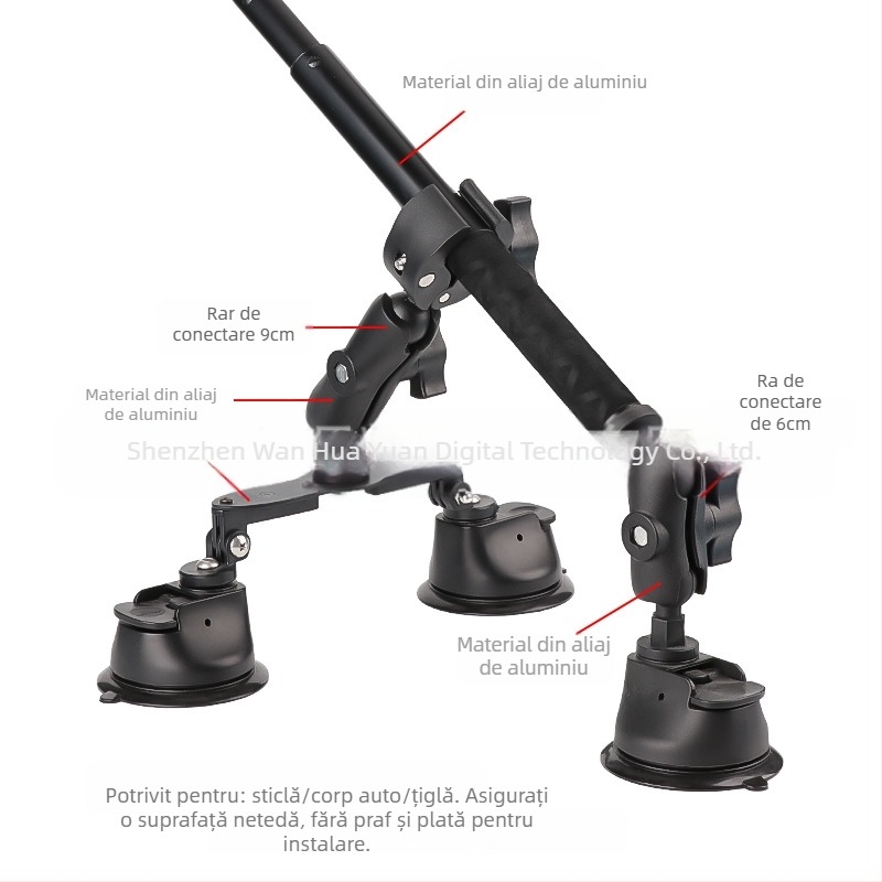 Suport auto cu ventuză pentru selfie stick, compatibil Insta360 X3, GoPro și DJI Action — a treia perspectivă