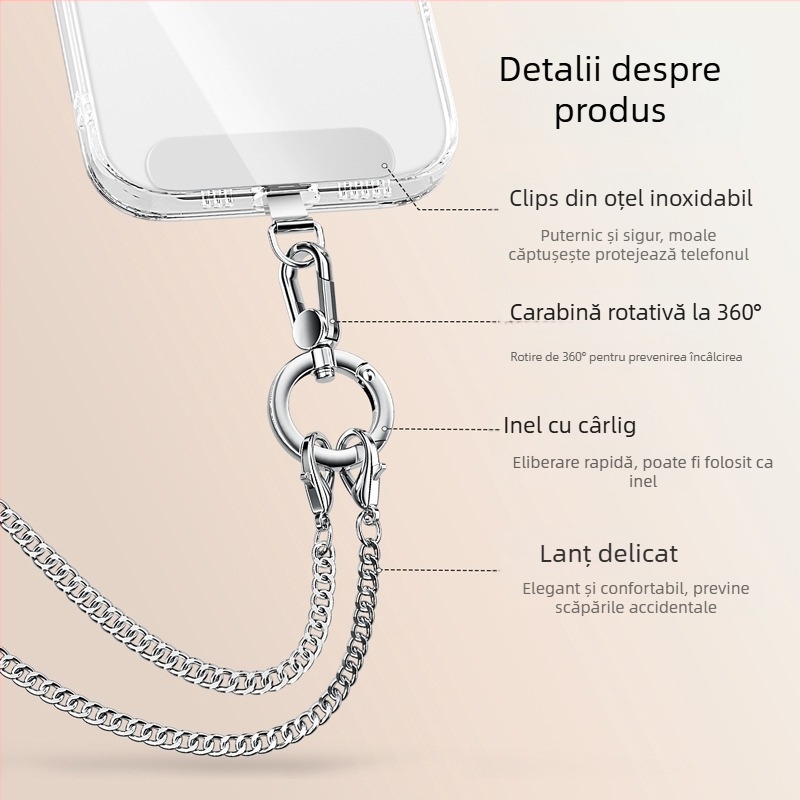 Lanier pentru telefon mobil cu curea metalică și cataramă metalică, finisaj electroplacat, unisex, clips metalic