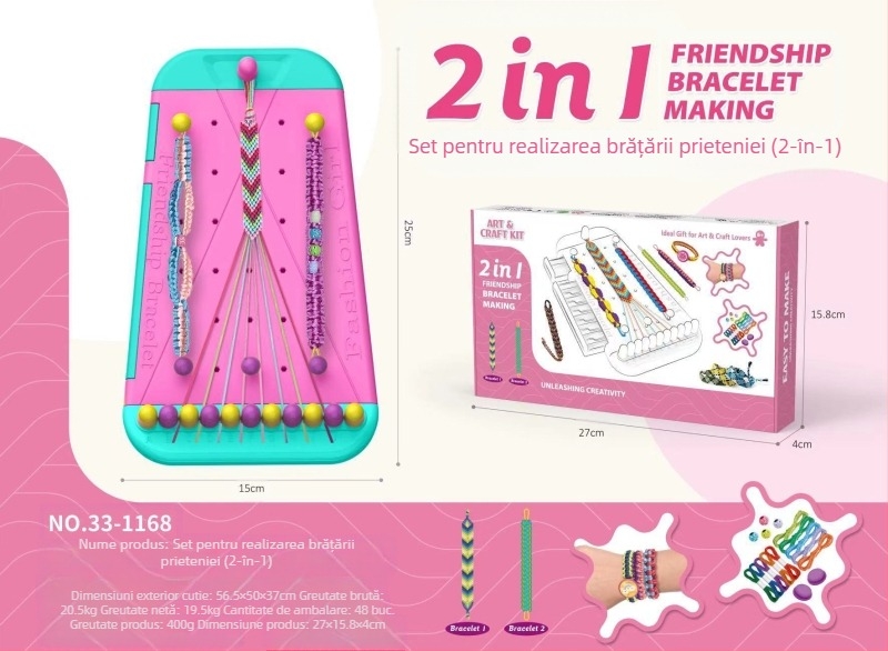 Set pentru brățări împletite – din plastic, ambalat în cutie, pentru copii 4–6 ani, dezvoltă vederea, coordonarea mână-ochi, învățare interactivă și comunicare părinte-copil