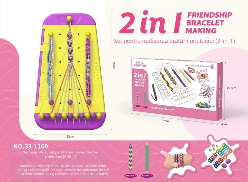 Set pentru brățări împletite – din plastic, ambalat în cutie, pentru copii 4–6 ani, dezvoltă vederea, coordonarea mână-ochi, învățare interactivă și comunicare părinte-copil