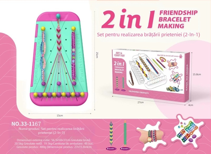 Set pentru brățări împletite – din plastic, ambalat în cutie, pentru copii 4–6 ani, dezvoltă vederea, coordonarea mână-ochi, învățare interactivă și comunicare părinte-copil