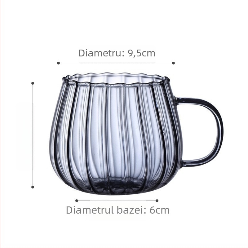 Pahar de apă în stil japonez, design cu petale, gură largă, sticlă borosilicată înaltă, un singur strat, cu mâner