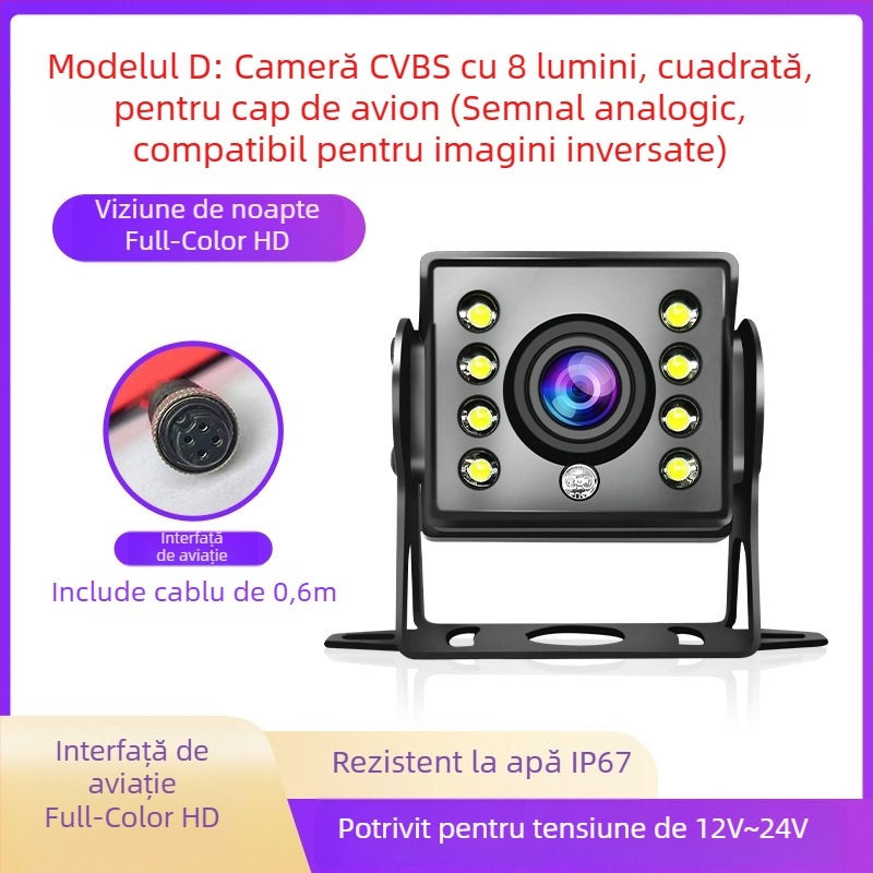 Cameră de mers înapoi pentru camion cu monitorizare în patru direcții - rezoluție 1920x1080, semnale video AHD/1080P și CVBS, unghi de vizualizare 170°, alimentare 12-24V, 8 LED