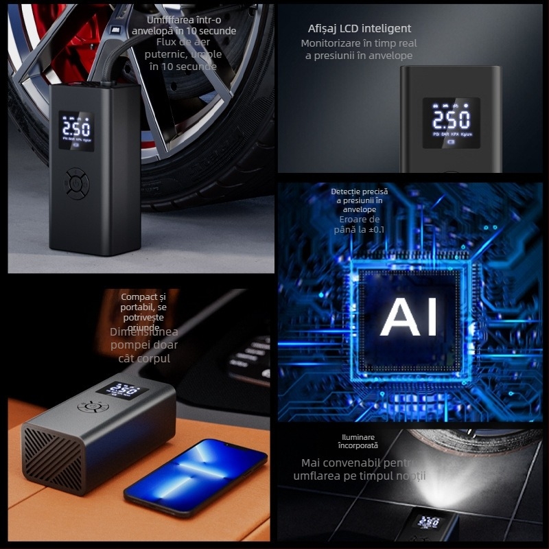 Pompă de aer auto cu iluminare LED, 12V, 120W, 50 L/min, afișaj digital