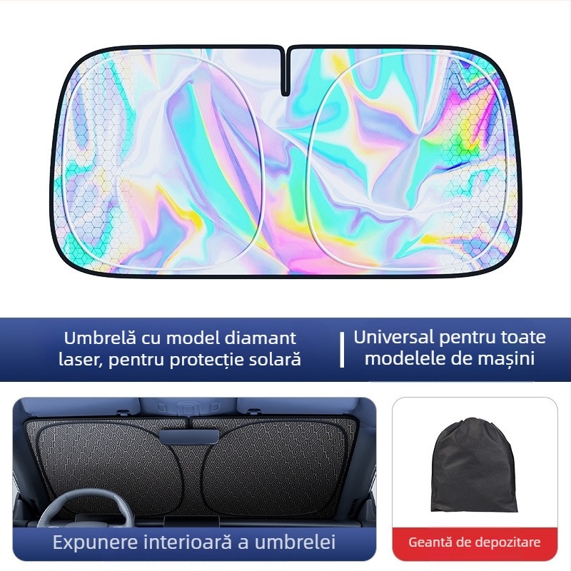 Protecție solară pentru parbrizul frontal al mașinii, film laser ca material, montaj cu ventuză, compatibil cu parbrizul frontal, stil simplu