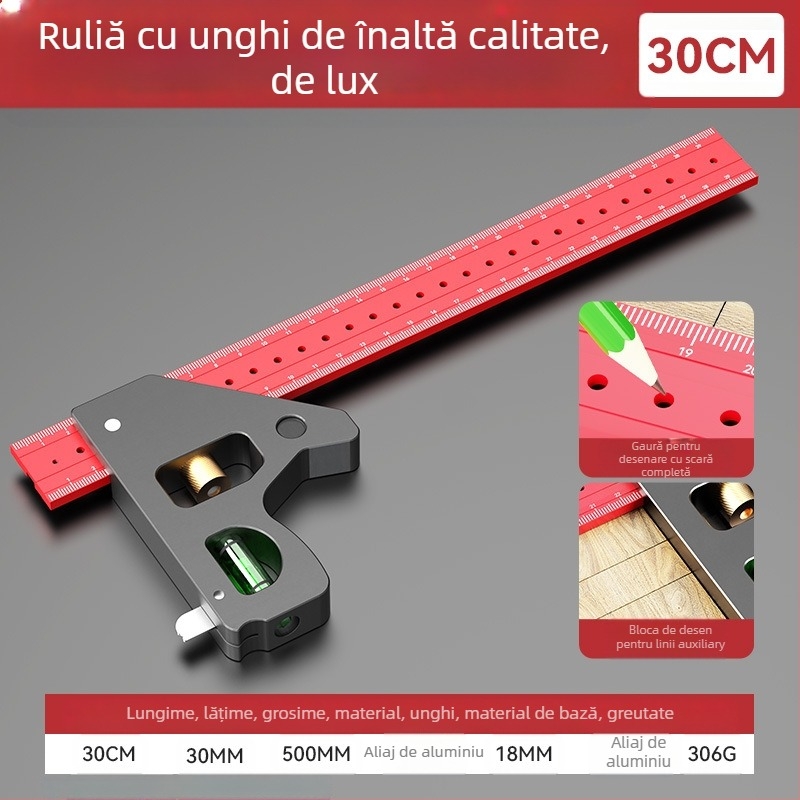 Riglă de tâmplă la 90 de grade și riglă unghiulară multifuncțională – îngroșată, precizie înaltă, riglă universală combinată