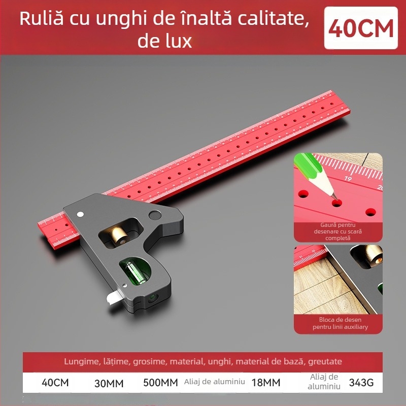 Riglă de tâmplă la 90 de grade și riglă unghiulară multifuncțională – îngroșată, precizie înaltă, riglă universală combinată