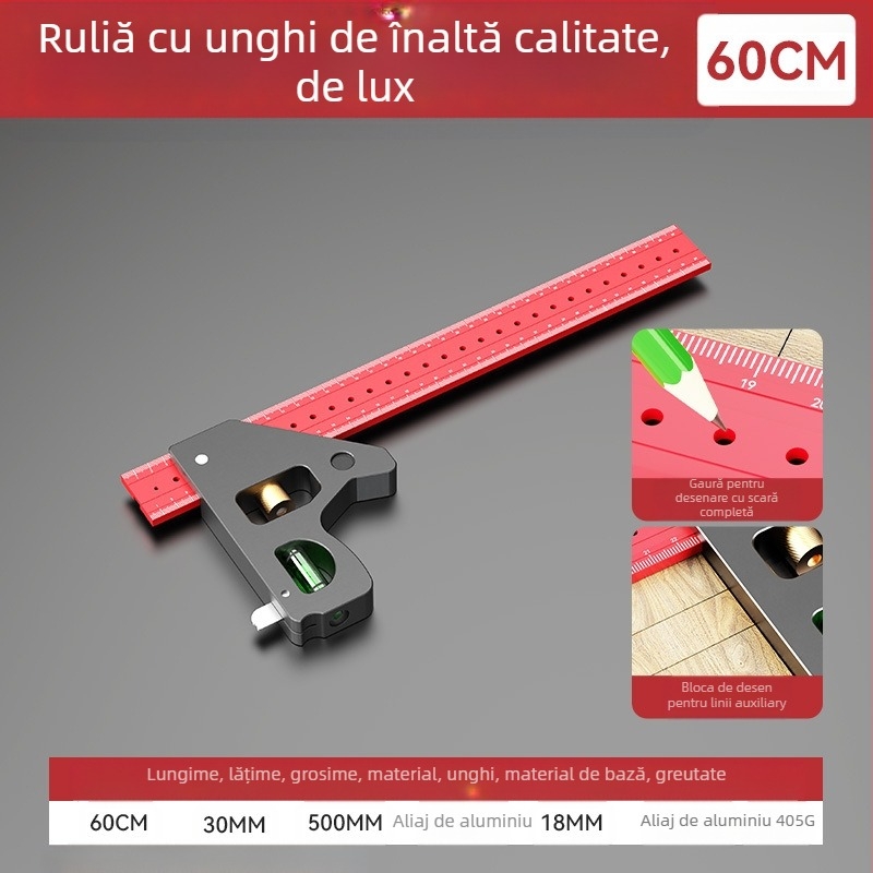 Riglă de tâmplă la 90 de grade și riglă unghiulară multifuncțională – îngroșată, precizie înaltă, riglă universală combinată
