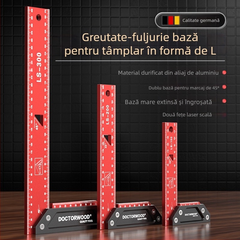 Pătrat de tâmplă cu precizie înaltă, îngroșat, cu bază lată, 90°, din aliaj de aluminiu