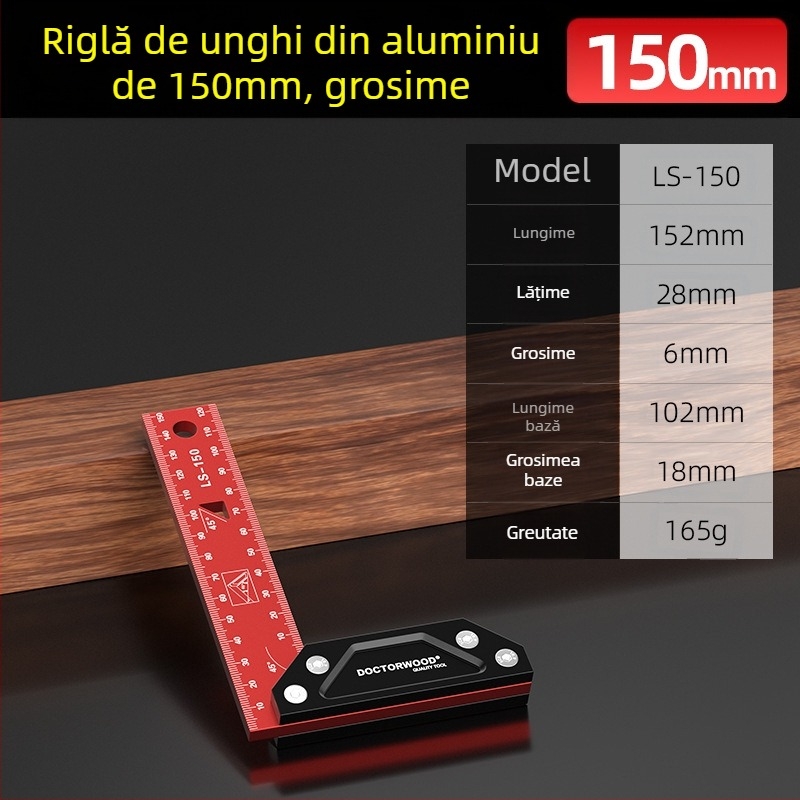 Pătrat de tâmplă cu precizie înaltă, îngroșat, cu bază lată, 90°, din aliaj de aluminiu