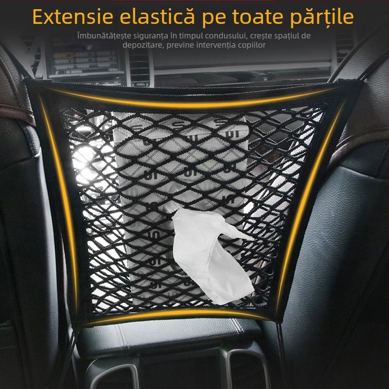Geantă plasă pentru spatele scaunului auto, cu buzunare duble, potrivire universală, cârlig elastic, Oxford material