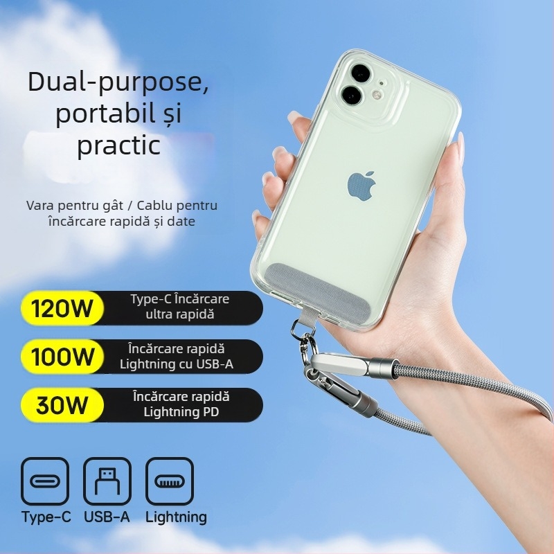 Cablu de încărcare pentru telefon 2 în 1, cu șnur de purtare, transfer extins, 1-4 conectori, țesut împletit, 120W max