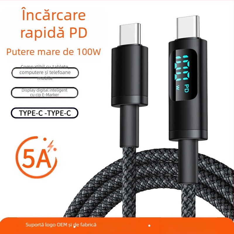 hc Cablu USB-C PD pentru încărcare rapidă cu afișaj digital, 100W, cablu împletit, conector USB-C unic