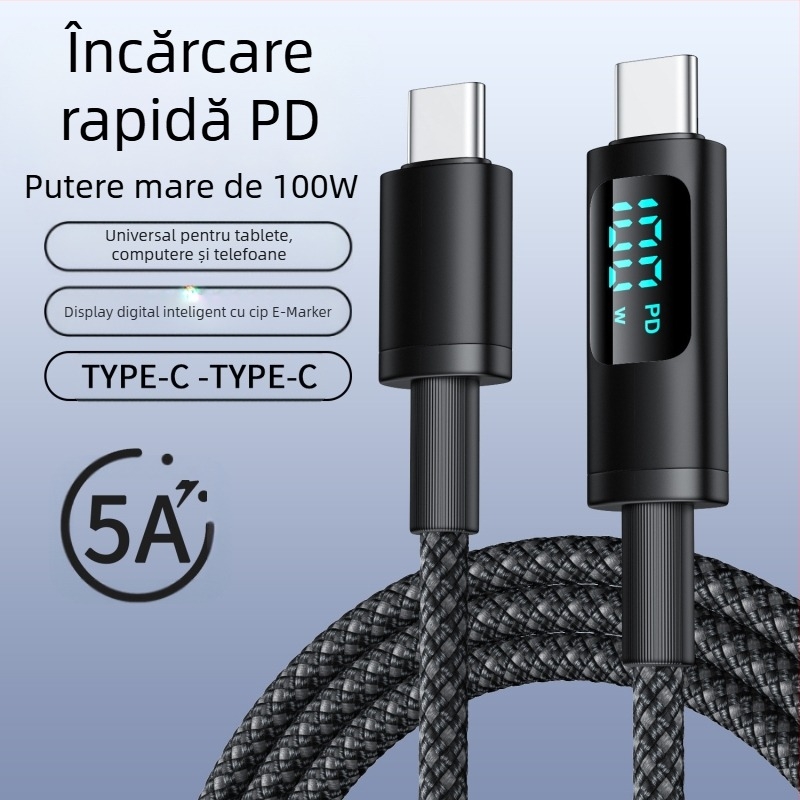 hc Cablu USB-C PD pentru încărcare rapidă cu afișaj digital, 100W, cablu împletit, conector USB-C unic