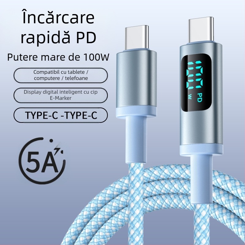hc Cablu USB-C PD pentru încărcare rapidă cu afișaj digital, 100W, cablu împletit, conector USB-C unic