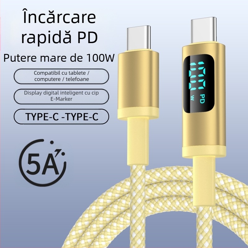 hc Cablu USB-C PD pentru încărcare rapidă cu afișaj digital, 100W, cablu împletit, conector USB-C unic