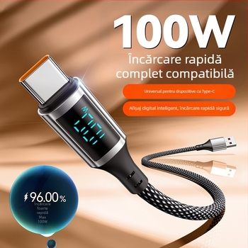 Cablu de încărcare 100W cu afișaj digital, încărcare rapidă, Lightning și USB-C, aliaj de aluminiu