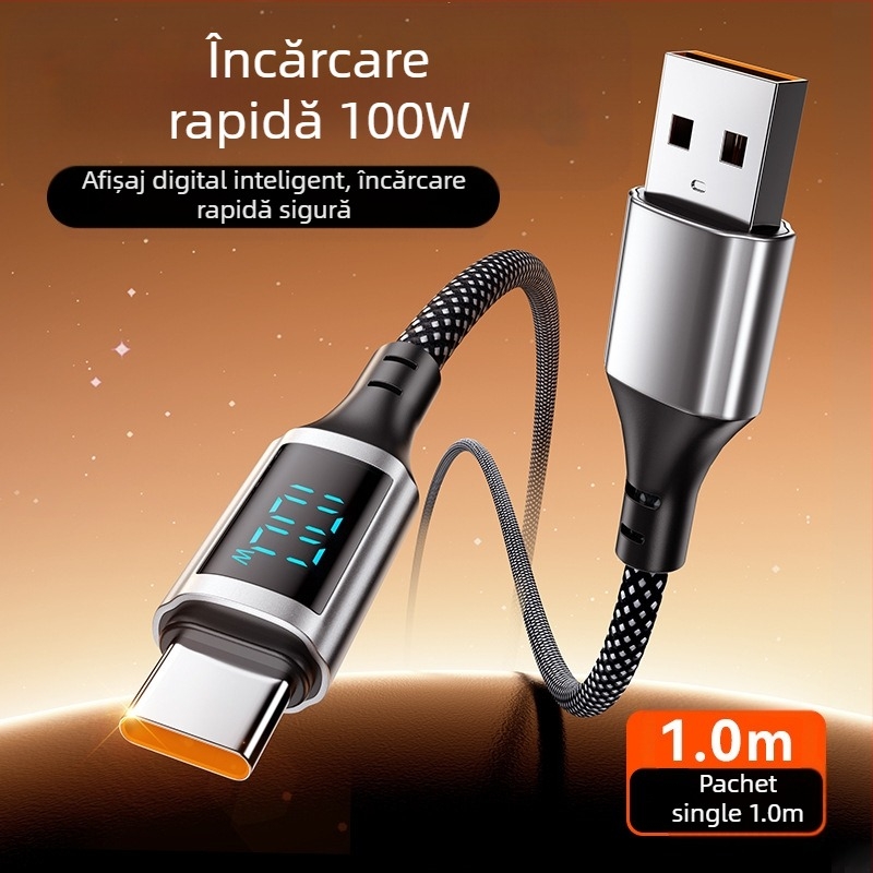 Cablu de încărcare 100W cu afișaj digital, încărcare rapidă, Lightning și USB-C, aliaj de aluminiu
