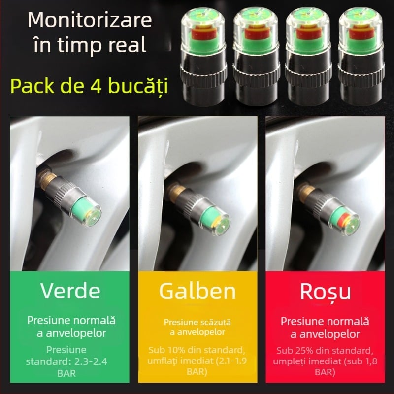 Cap de avertizare pentru presiunea pneurilor, metalic, interval 2,4 bar, afișaj color, monitorizare pneuri