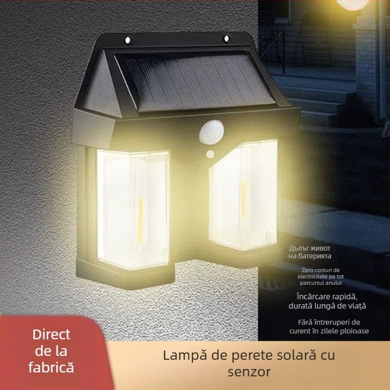 Lumină de perete solar pentru exterior, impermeabilă, cu panou solar și senzor de mișcare