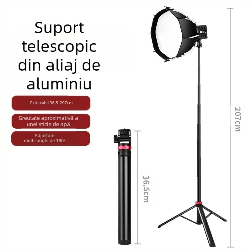 Selfie stick pentru telefon mobil cu suport de iluminare telescopic din aliaj de aluminiu și trepied portabil pentru live streaming