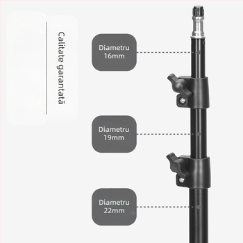 Suport foto pentru streaming live – Trepied de podea cu suport de iluminat îndesit; Material: Țeavă de fier + ABS; Încărcare: 2–5 kg; Înălțime de lucru: 68–210 cm; Diametre țevilor: 22/19/16 mm; 3 secțiuni