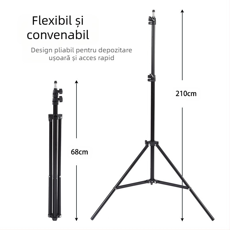Suport foto pentru streaming live – Trepied de podea cu suport de iluminat îndesit; Material: Țeavă de fier + ABS; Încărcare: 2–5 kg; Înălțime de lucru: 68–210 cm; Diametre țevilor: 22/19/16 mm; 3 secțiuni