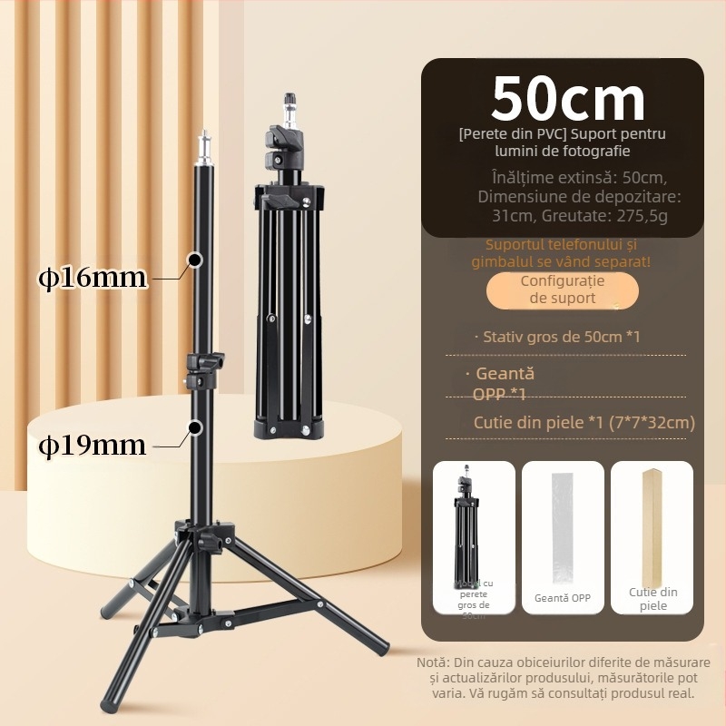 Suport foto pentru streaming live – Trepied de podea cu suport de iluminat îndesit; Material: Țeavă de fier + ABS; Încărcare: 2–5 kg; Înălțime de lucru: 68–210 cm; Diametre țevilor: 22/19/16 mm; 3 secțiuni