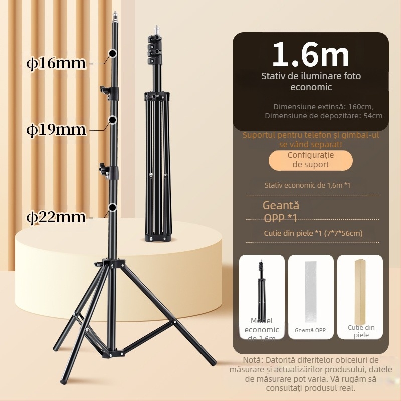 Suport foto pentru streaming live – Trepied de podea cu suport de iluminat îndesit; Material: Țeavă de fier + ABS; Încărcare: 2–5 kg; Înălțime de lucru: 68–210 cm; Diametre țevilor: 22/19/16 mm; 3 secțiuni