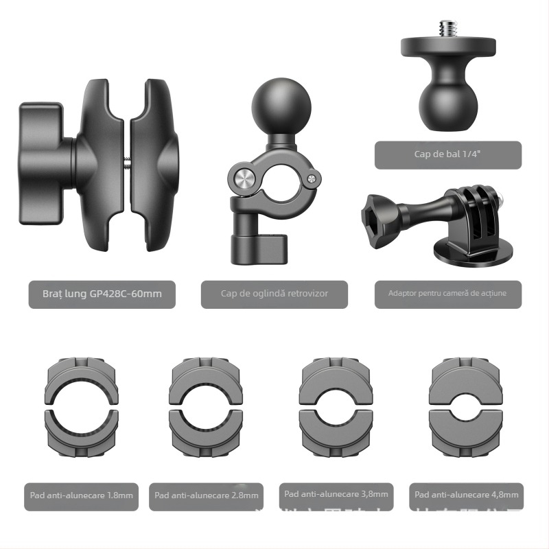 Bază pentru oglinda retrovizoare a motocicletei cu suport pentru telefon și cameră de acțiune | Material: nylon + fibră | Model: GP377A-L/GP377B-L | Compatibil cu GoPro, Insta360, DJI, Xiaoyi | Posibil imprimare logo