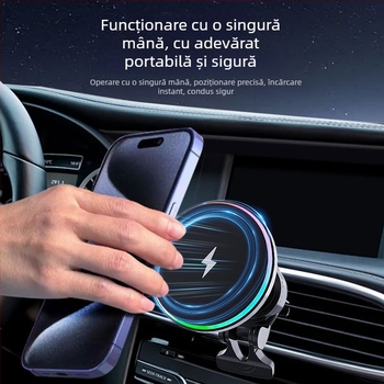 Încărcător auto wireless MagSafe cu LED RGB circular, formă rotundă – 15W, QC3.0, încărcare magnetică pentru iPhone
