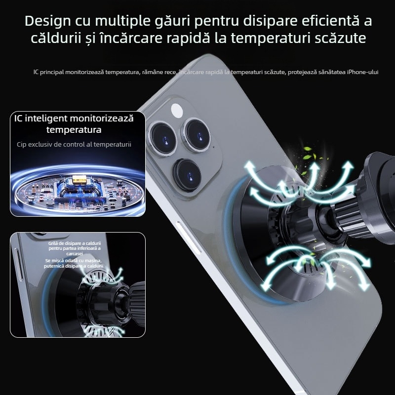 Încărcător auto wireless MagSafe cu LED RGB circular, formă rotundă – 15W, QC3.0, încărcare magnetică pentru iPhone