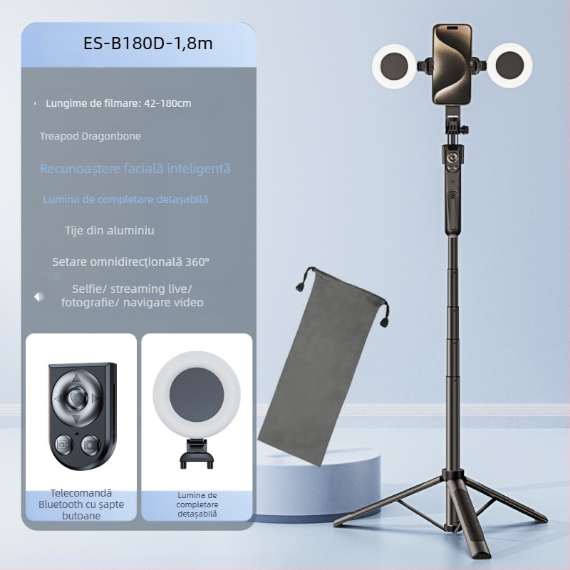 Monopod pentru selfie cu urmărire AI a feței și suport încorporat pentru cameră, aliaj de aluminiu, rotație verticală 360°, rotație orizontală 180°, greutate 620 g