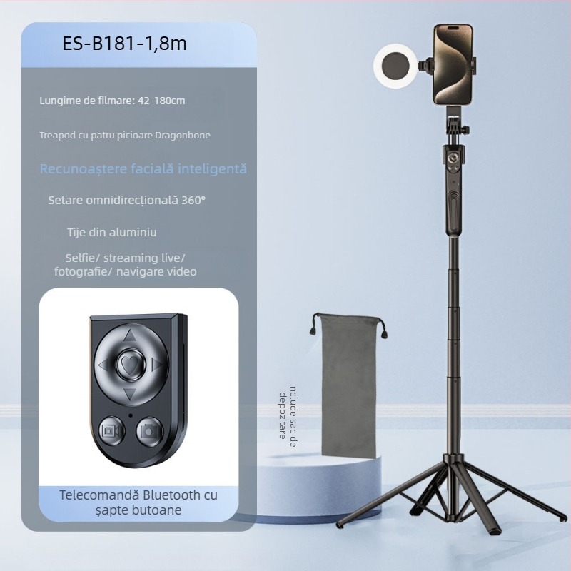 Monopod pentru selfie cu urmărire AI a feței și suport încorporat pentru cameră, aliaj de aluminiu, rotație verticală 360°, rotație orizontală 180°, greutate 620 g