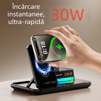 Încărcător wireless 6 în 1 cu suport pliabil pentru telefon, lampă ambientală de birou pentru noapte, ceas și difuzor – 15W pentru telefon, 5W pentru căști, 2,5W pentru ceas