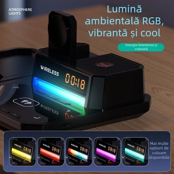 Încărcător wireless 6 în 1 cu suport pliabil pentru telefon, lampă ambientală de birou pentru noapte, ceas și difuzor – 15W pentru telefon, 5W pentru căști, 2,5W pentru ceas