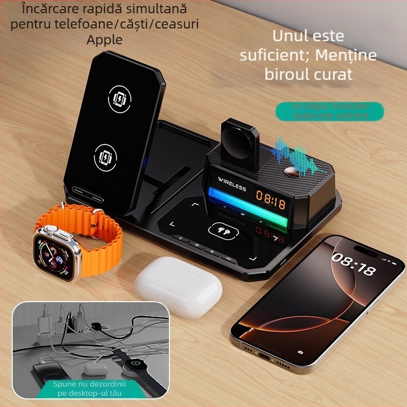 Încărcător wireless 6 în 1 cu suport pliabil pentru telefon, lampă ambientală de birou pentru noapte, ceas și difuzor – 15W pentru telefon, 5W pentru căști, 2,5W pentru ceas