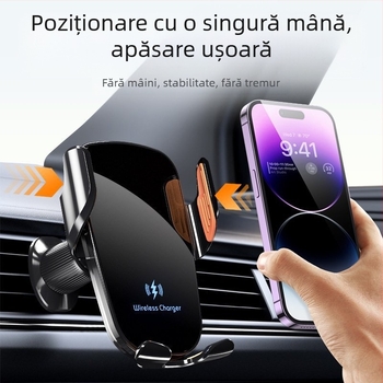 Suport pentru telefon auto cu încărcare wireless de 15W, compatibil universal, montaj cu clips pe ventilarea de aer, pentru navigație.