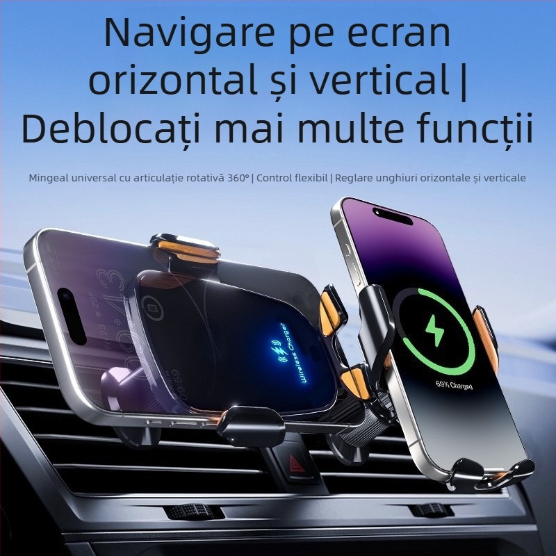 Suport pentru telefon auto cu încărcare wireless de 15W, compatibil universal, montaj cu clips pe ventilarea de aer, pentru navigație.