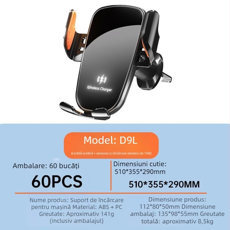 Suport pentru telefon auto cu încărcare wireless de 15W, compatibil universal, montaj cu clips pe ventilarea de aer, pentru navigație.
