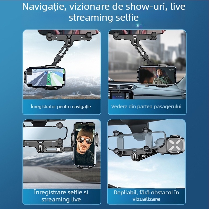 Suport pentru oglinda retrovizoare auto cu braț retractabil pentru telefon, ABS, model R004, pentru Apple, Huawei și Xiaomi